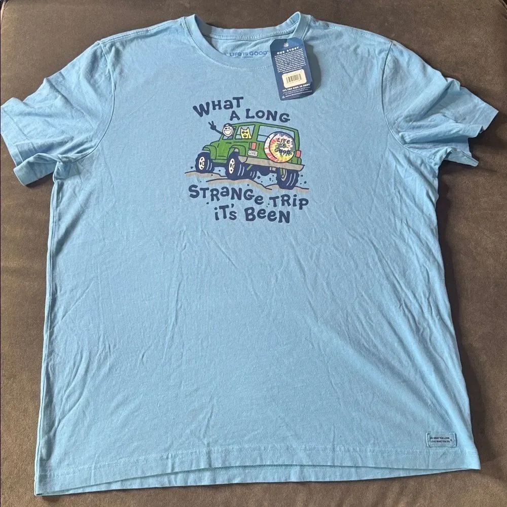 Men’s Life is Good Blue Graphic T-Shirt Green Jeep 100% Cotton Size XL NWT